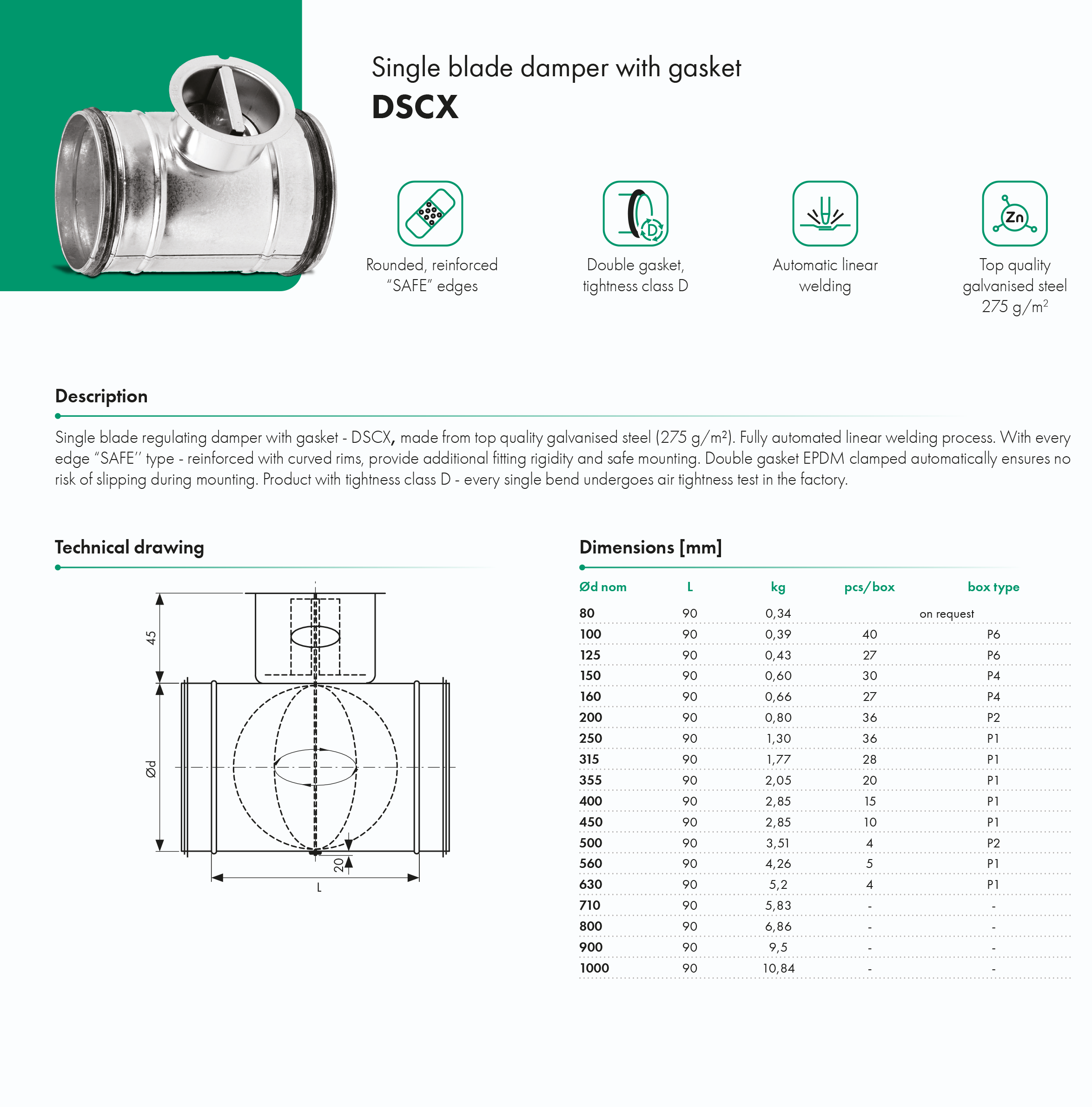 Single blade damper with gasket DSCX - Vento by HAVACO