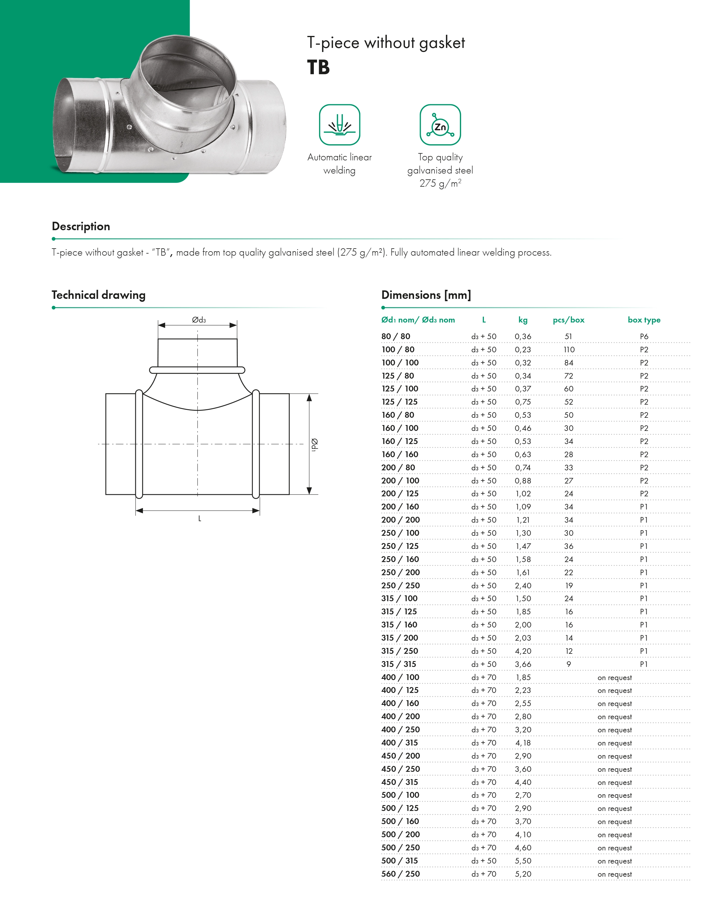 T-piece without gasket TB HAVACO, Ventia - catalog card